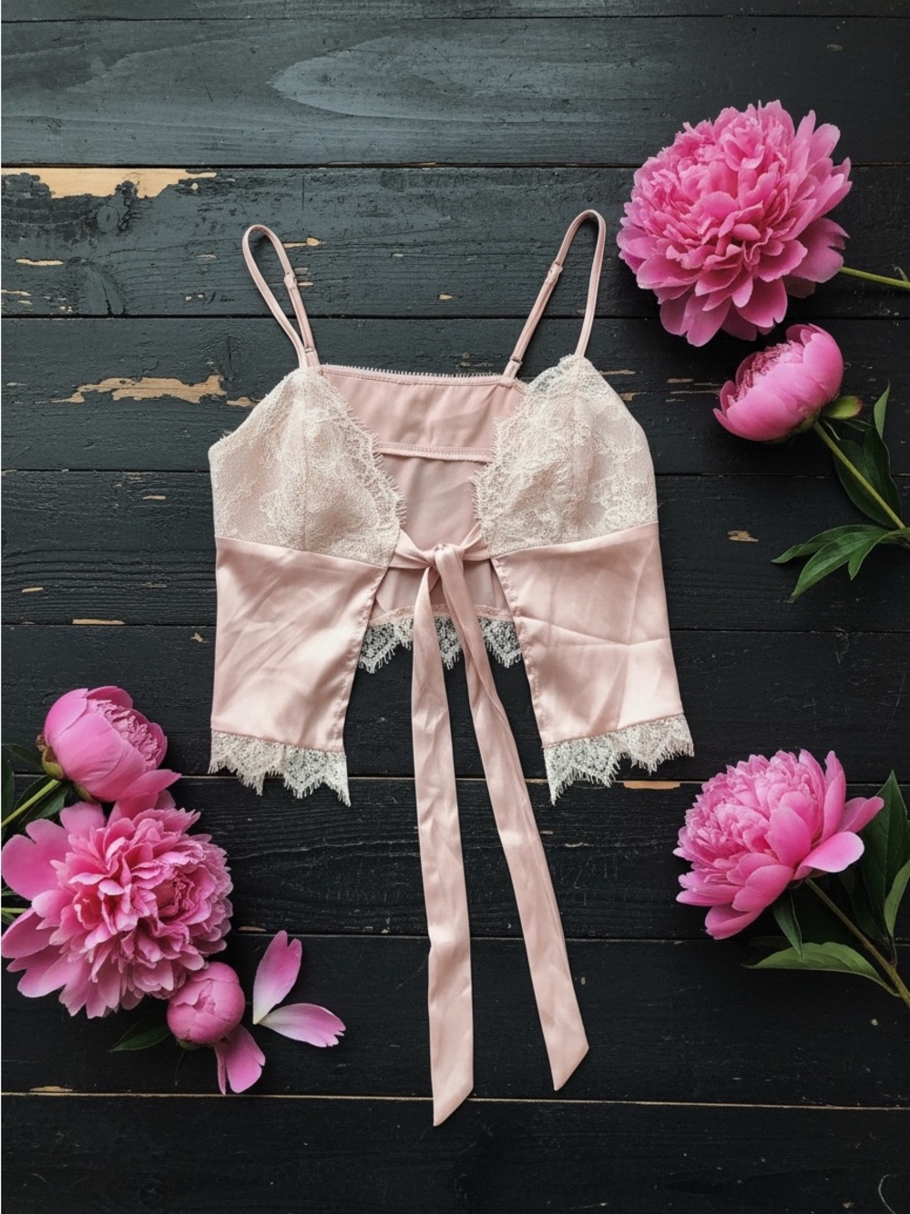 Silk Lace Tie-Front Cami - Blush Pink